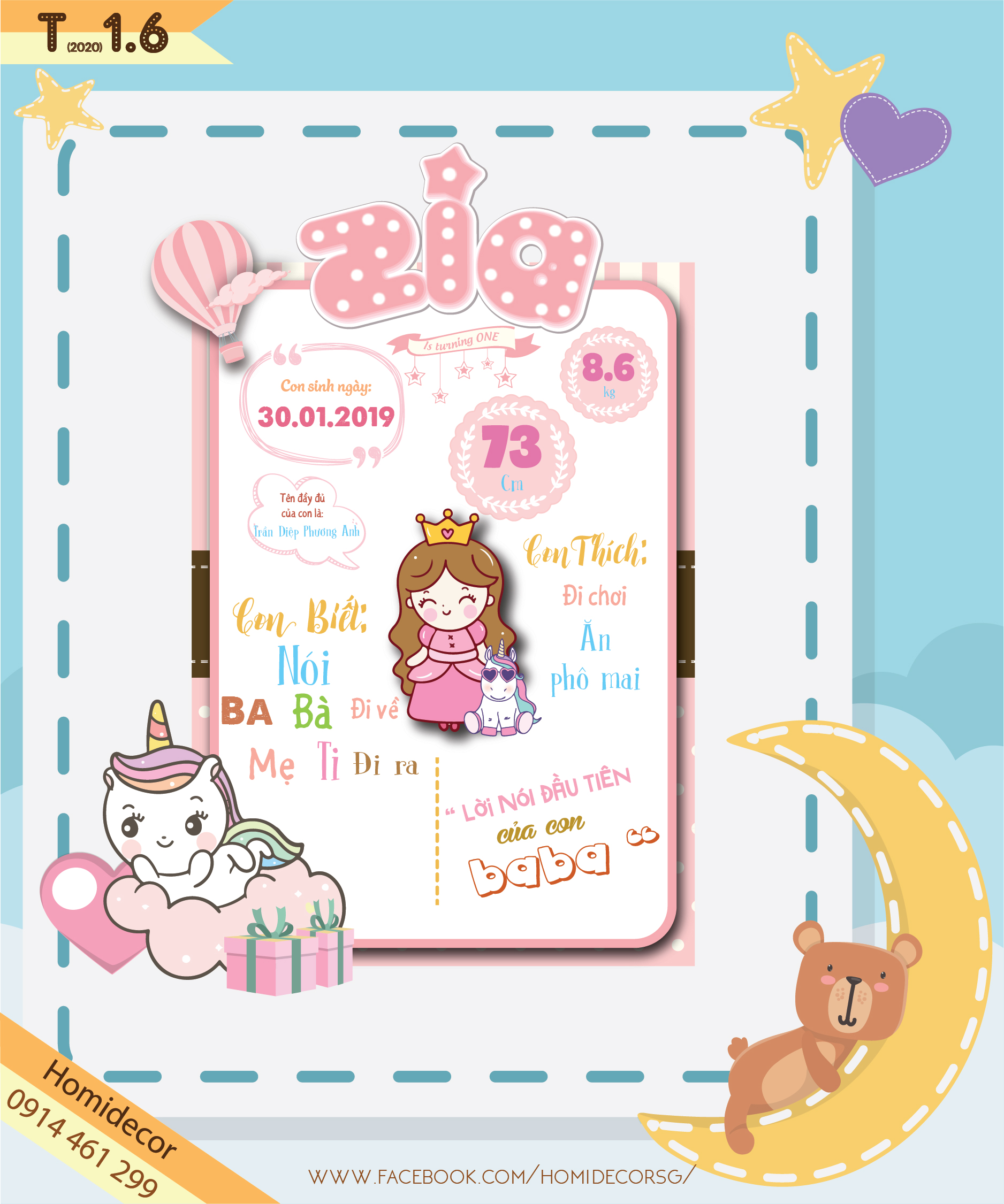 Bảng thông tin bảng chalkboard trong sinh nhật bé gái chủ đề công chúa và unicorn