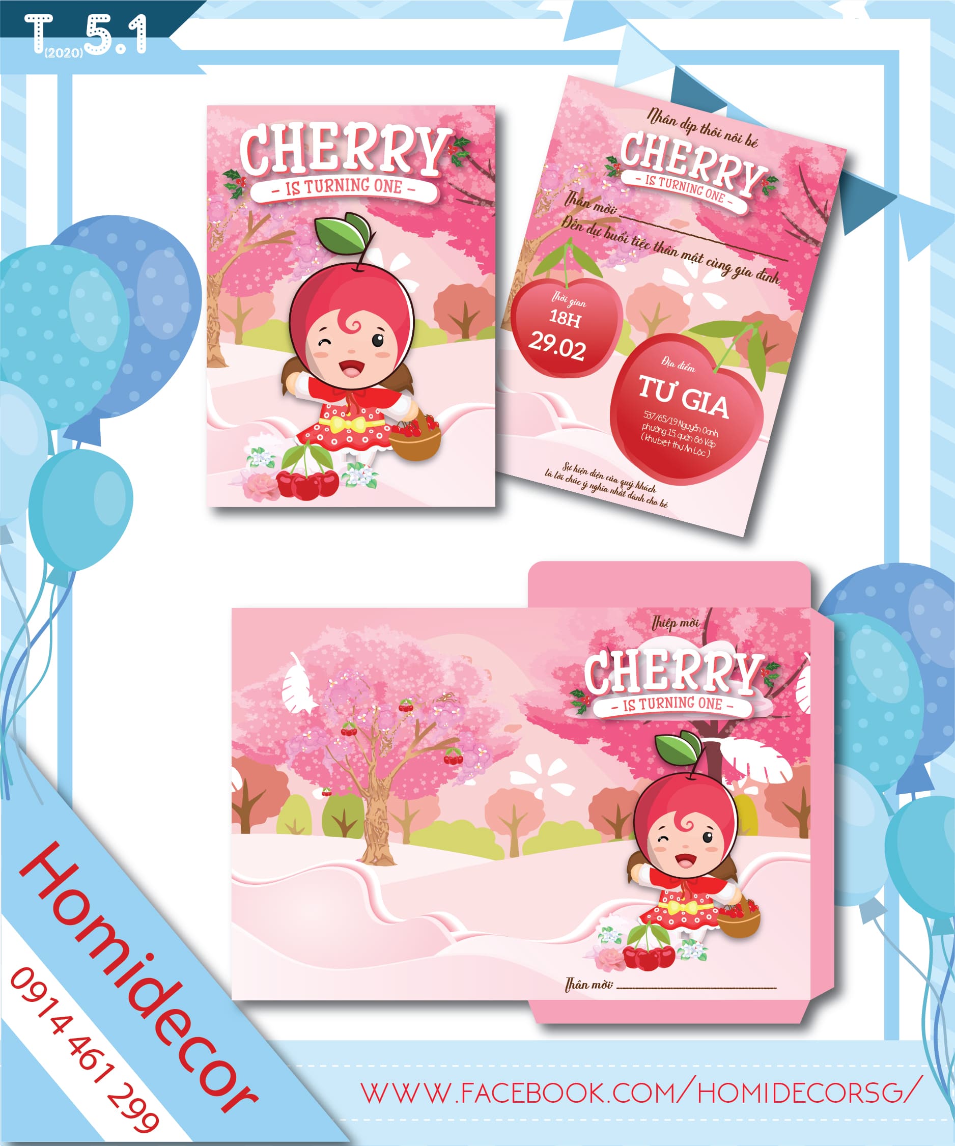Thiệp mời sinh nhật bé gái chủ đề cherry