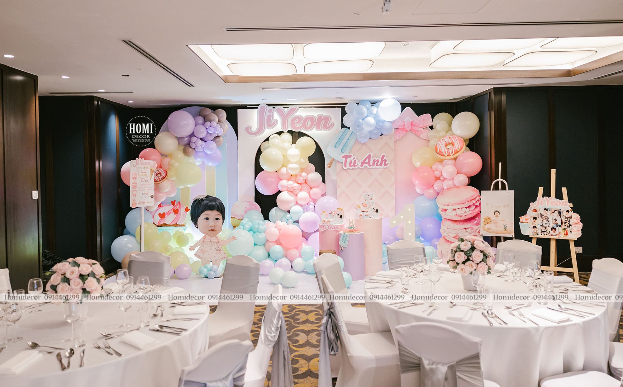 Trang trí sinh nhật bé gái tông màu Hàn Quốc tại khách sạn Sheraton